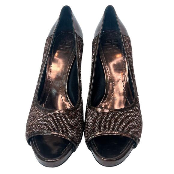 Vintage Givenchy Peep Toe Pumps Brown Beaded Patent Leather Size 39 1/2 - Picture 3 of 8